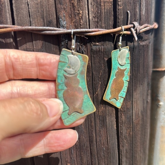 Vintage Copper Moon And Owl Dangle Earrings southwestern western - Picture 2 of 6